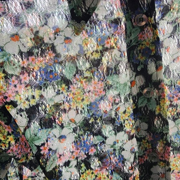 Vtg Lorisa Sheer Blouse Black Multi-Color Floral Print 1970s Button Up Top - Picture 3 of 9